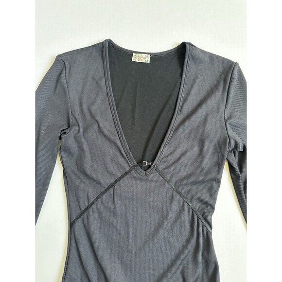 Free People Victoria Long Sleeve Ribbed Body Suit Women’s XS Grey V Neck Snap - Picture 3 of 12